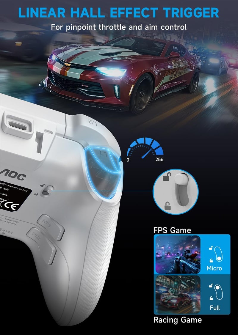 AOC وحدة تحكم شاشة تفاعلية للكمبيوتر — وحدة تحكم لاسلكية متوافقة مع الكمبيوتر/Switch/Switch 2/iOS/Android، عصا تحكم وتأثير هال، إضاءة RGB، اهتزاز قابل للتعديل/تيربو، بطارية 1000mAh (بيضاء) - Image 5